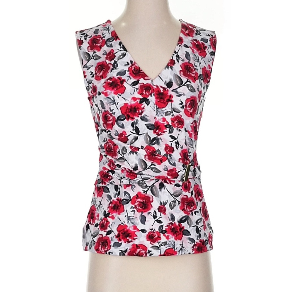 White House Black Market Red Floral V-Neck Surplice Wrap Blouse Size S